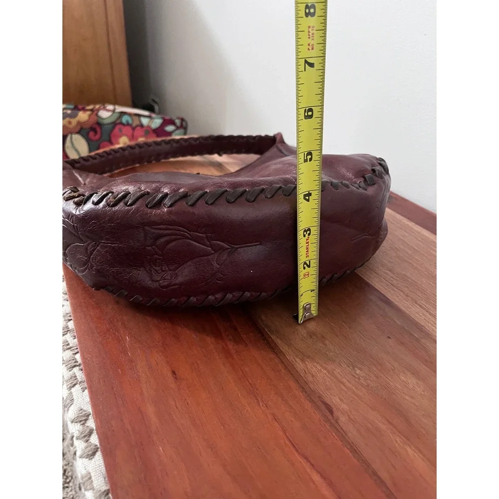 Vintage Mahogany Leather Whipstitch Rose Embossed Hobo Bag Crescent Shoulder Bag